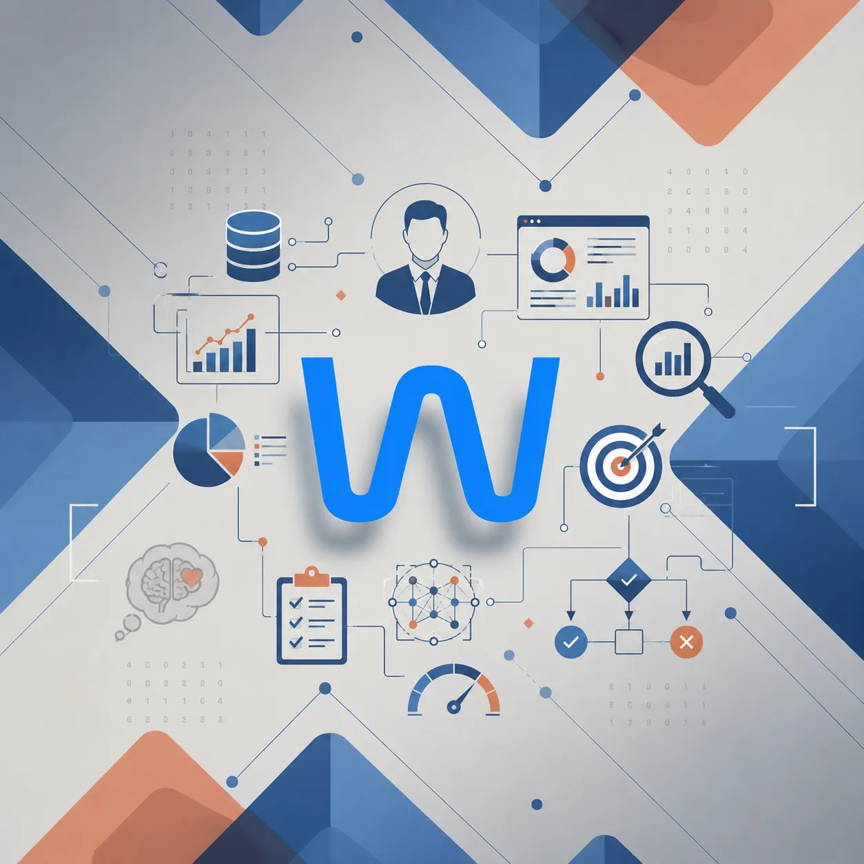 Wolkee's W surrounded by icons of a manager, charts, data, targets and decisions